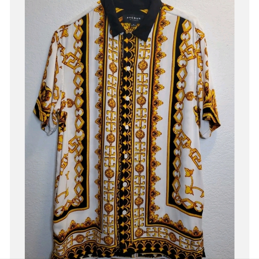 Pacsun Mens Gold Black White Chain Shirt Button Down Size Small
